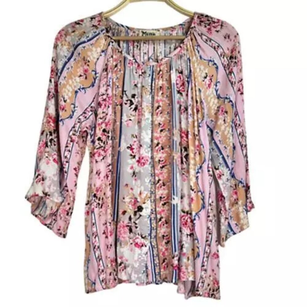Show Me Your Mumu Womens Peasant Blouse Top Shirt Floral 3/4 Sleeve Blouse Sz S - Picture 1 of 8